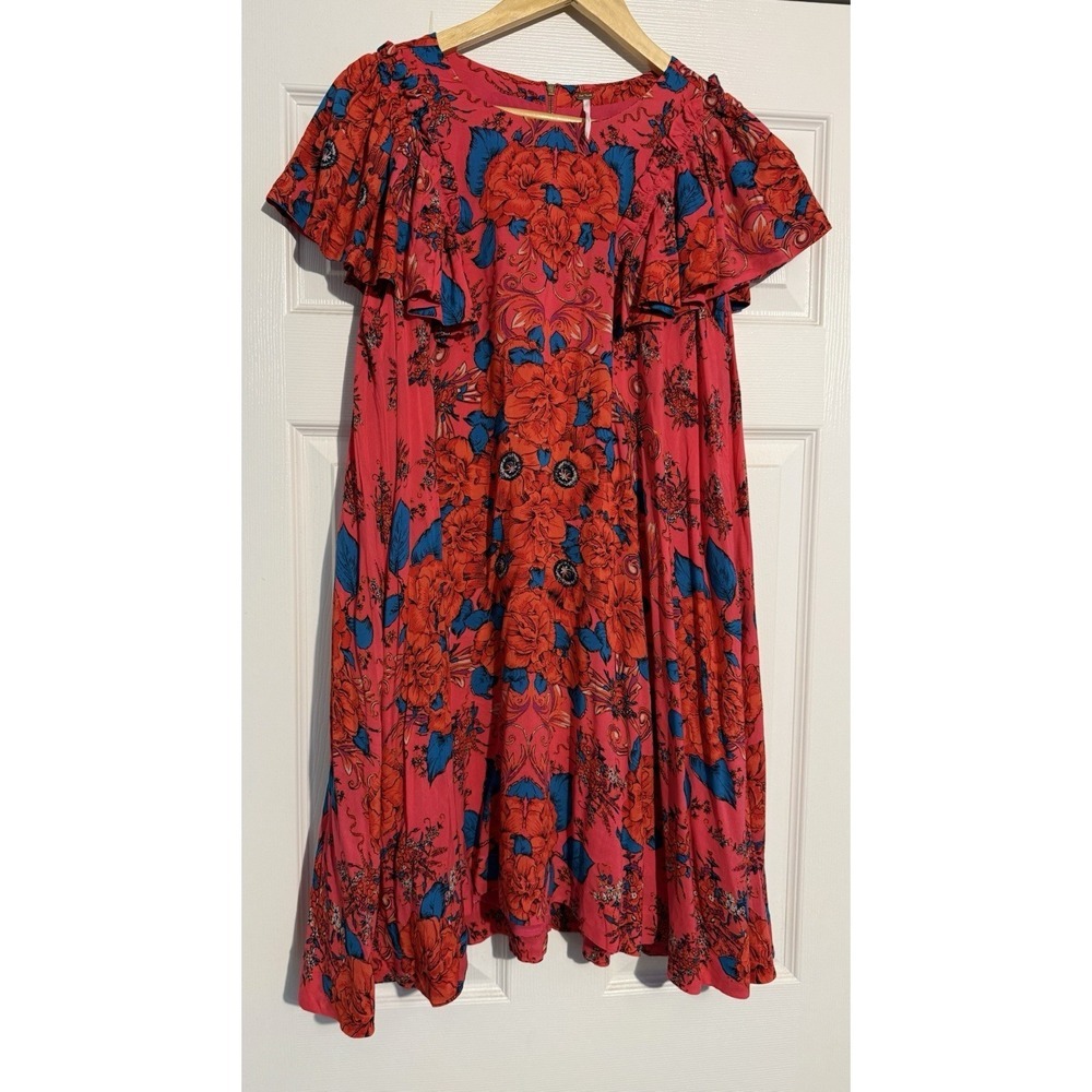 Free People Mini Dress Women XS Pink Red Floral Ruffle Sleeve Boho Swing Zipper